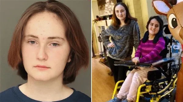Claire Miller, 14, stabs her disabled sister, Helen Miller, in the neck with a kitchen knife.