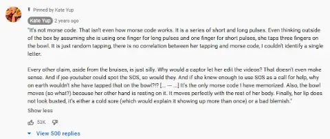 Pinned comment by Kate Yup explaining (in perfect English) that she was not doing morse code. (Kate Yup Youtube)