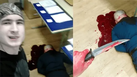 Andrey used a knife to kill his teacher and posted this selfie as his victim bled out on the classroom floor.