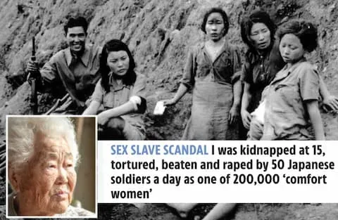 Perhaps the most disturbing thing in this photo of enslaved comfort women is the soldier smiling to the left. What is he thinking? Has he raped all of these women? (Photo credit The Sun)