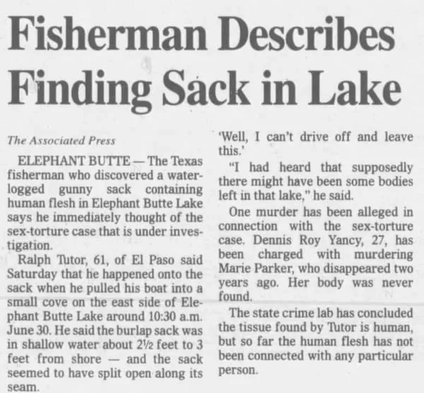 Fisherman pulls out a "gunnysack" with what he described as an 80 pound "bag of goo" inside. Newspaper credit Albuquerque Journal